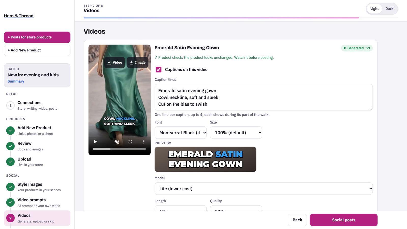 The Videos step in Launch Desk: a runway video with its caption lines, font and size, and a live preview