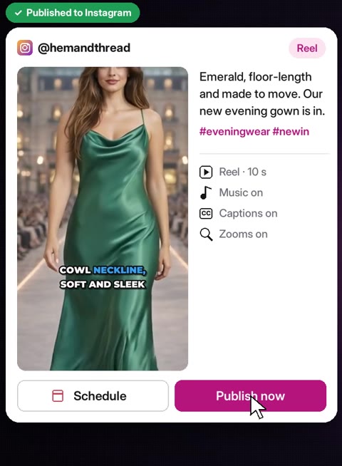 A runway Reel ready to publish, with its caption and Publish now